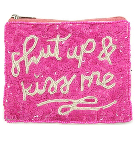 Sequin Shut Up And Kiss Me pink seed bead coin purse