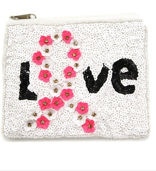 Sequin Love white pink seed bead coin purse