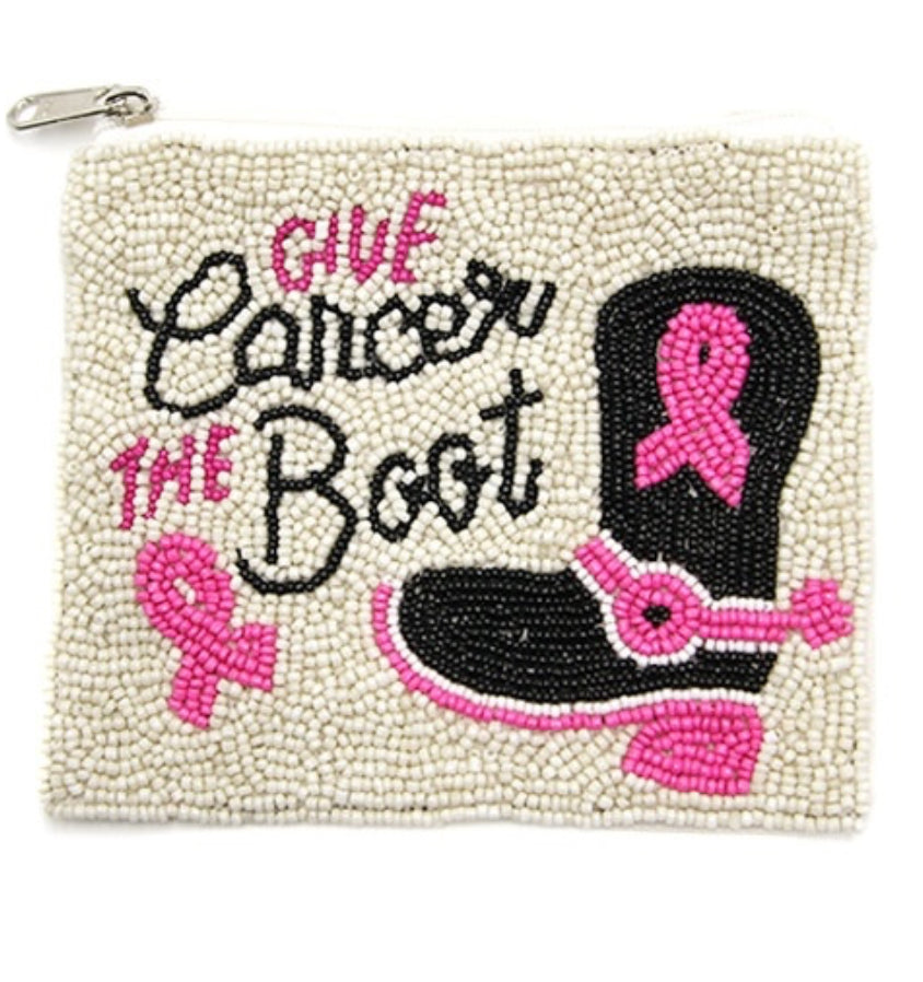 Give Cancer The Boot black pink seed bead coin purse