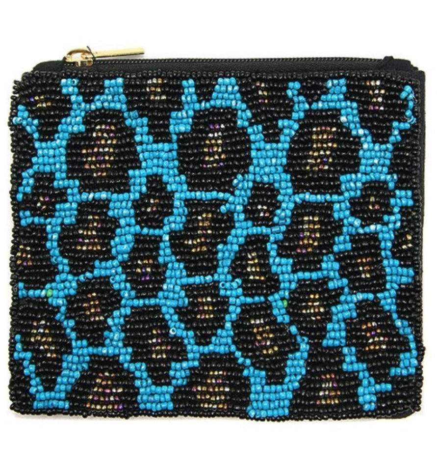 Nima Leopard print turquoise seed bead coin purse