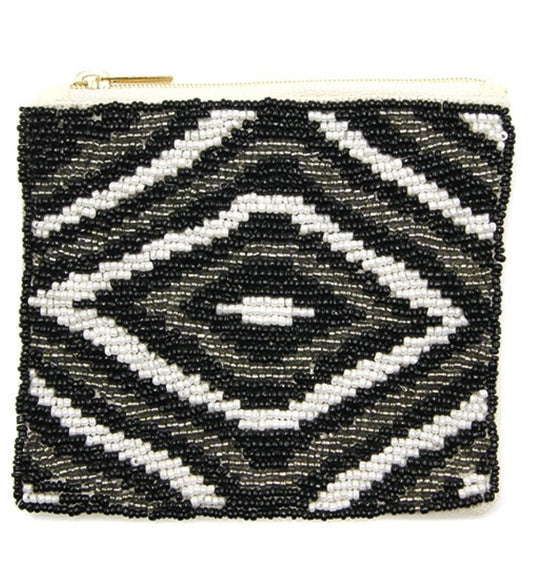 Nima Navajo pattern black grey seed bead coin purse