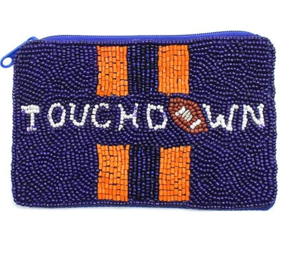 Touchdown navy orange seed bead coin purse