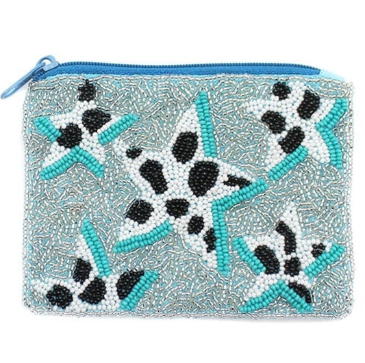 Cow print star turquoise seed bead coin purse