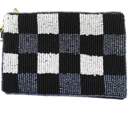 Treasure Checkered Print black seed bead coin purse