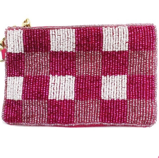 Treasure Checkered Print fuchsia seed bead coin purse