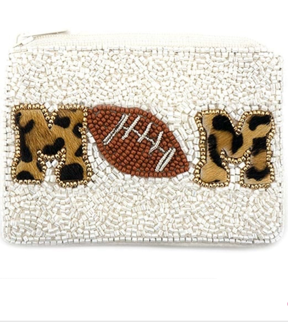 Football Mom white seed bead coin purse