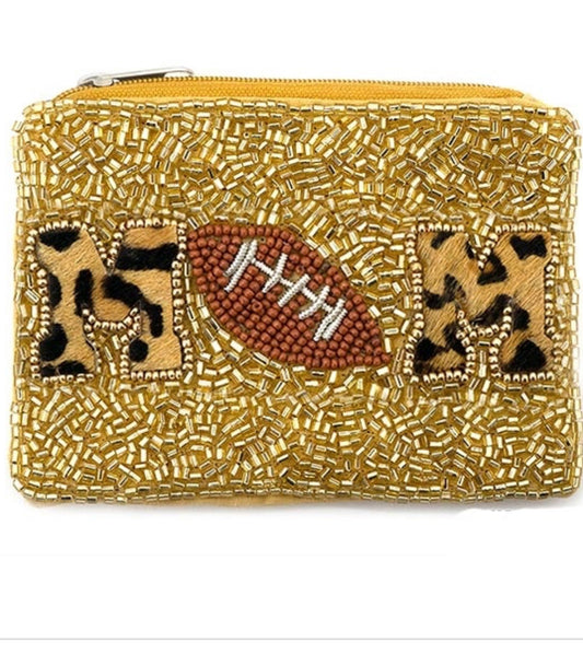 Football Mom white seed bead coin purse