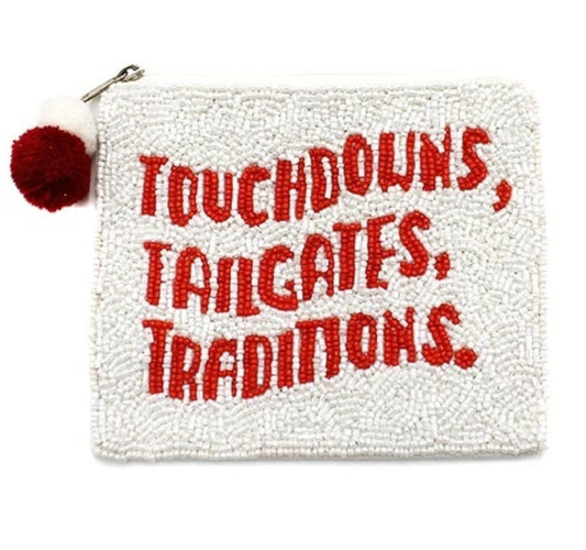 Touchdowns Tailgates Traditions white red seed bead coin purse