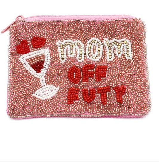 mom off duty pink seed bead coin purse