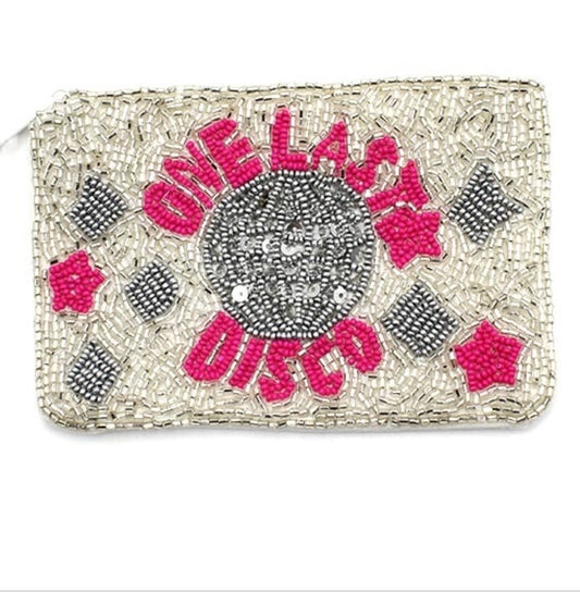 One last disco pink silver seed bead coin purse