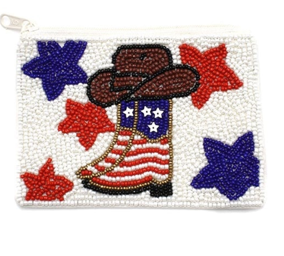 American Flag western boots red white blue seed bead coin purse