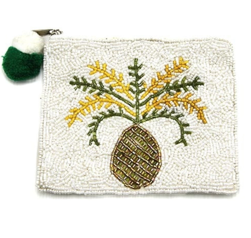 Pineapple white multi-colored seed bead coin purse