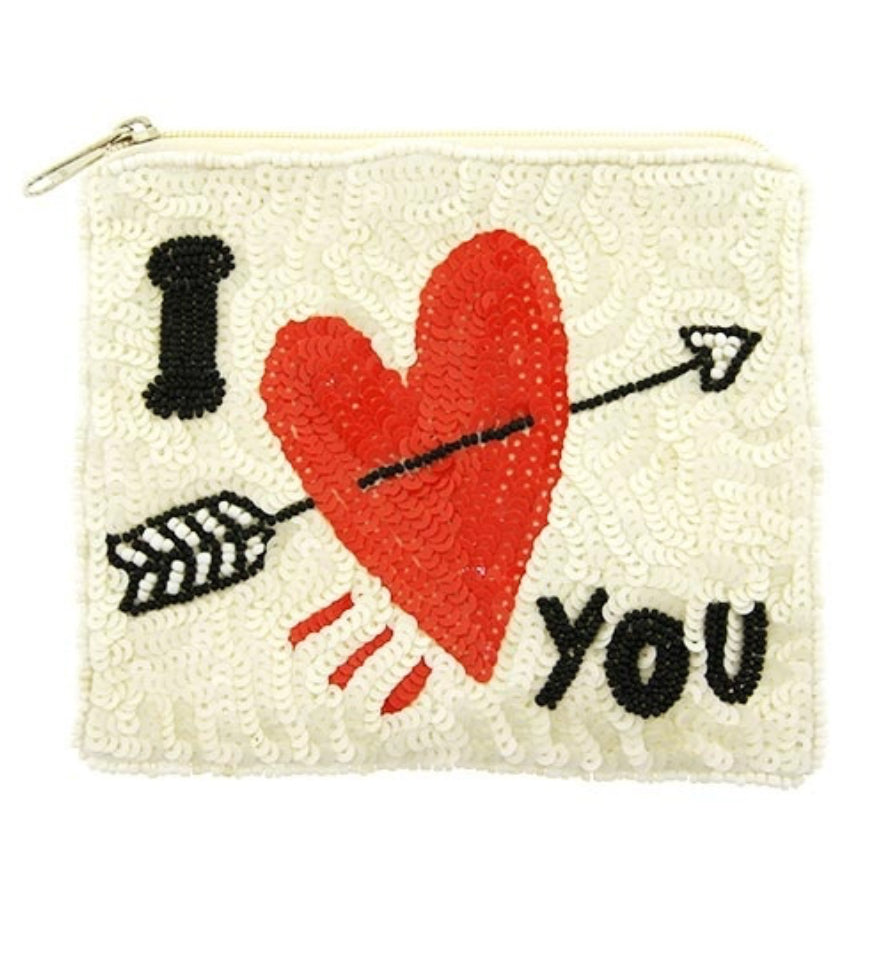 Sequin I Love You Heart white red seed bead coin purse