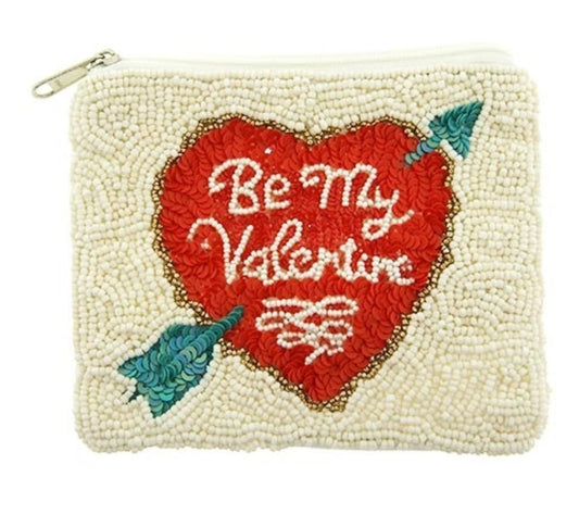 Sequin Be My Valentine Heart white red seed bead coin purse