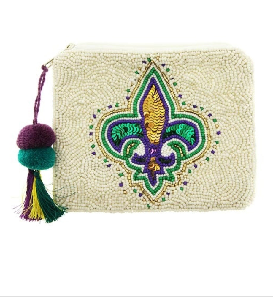 Fleur De Lis white multi-colored seed bead coin purse