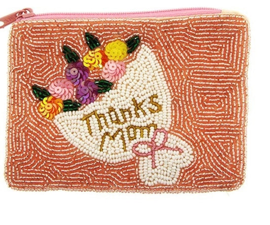 Thanks Mom Bouquet pink seed bead coin purse