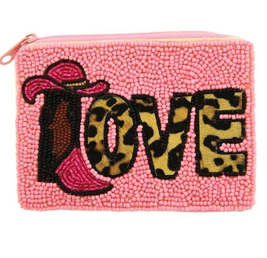 Love boot pink seed bead coin purse