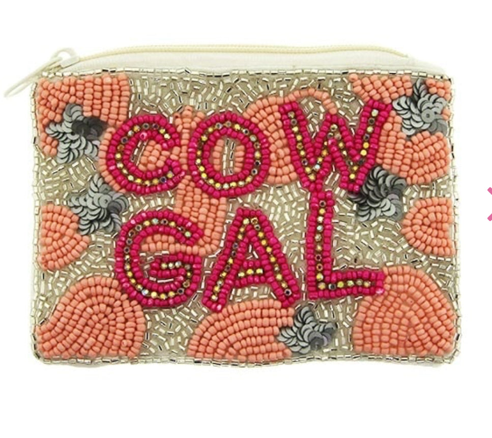 Cow Gal silver pink seed bead coin purse