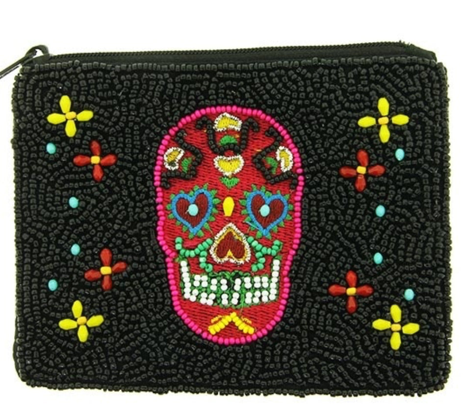 Sugar skull black seed bead coin purse