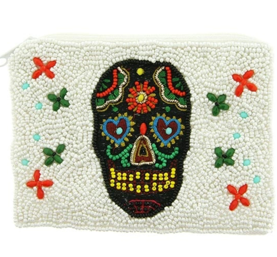 Sugar skull white seed bead coin purse