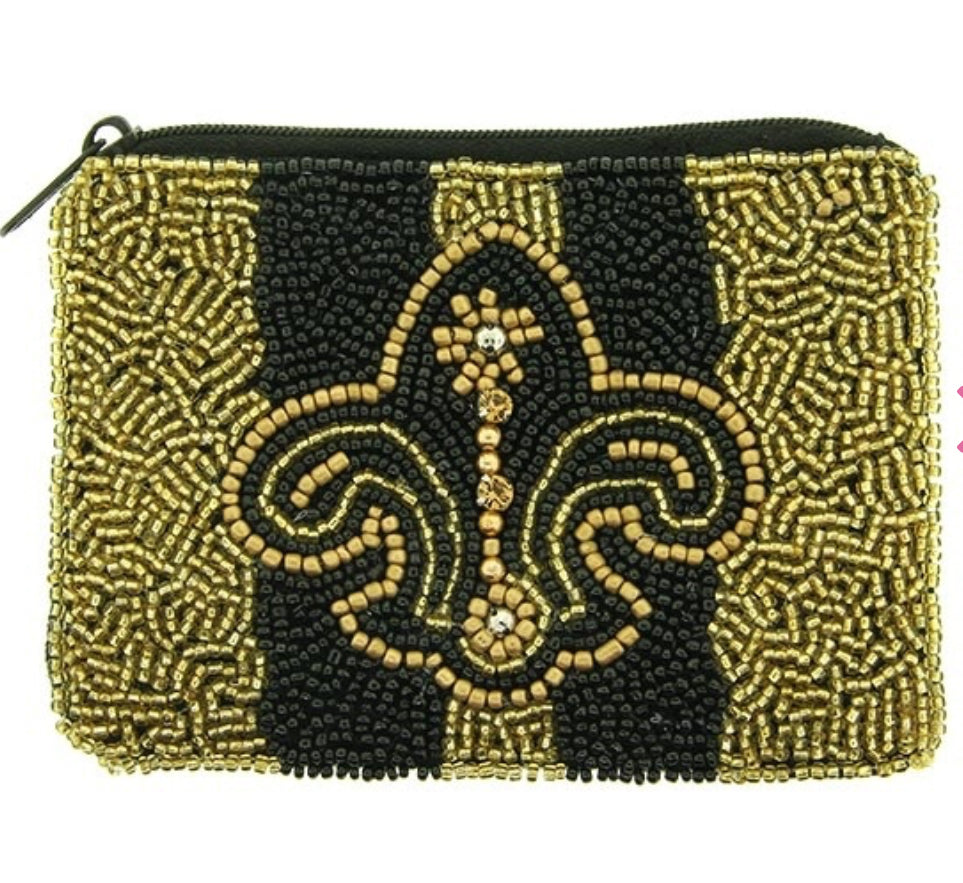 Fleur De Lis black gold seed bead coin purse