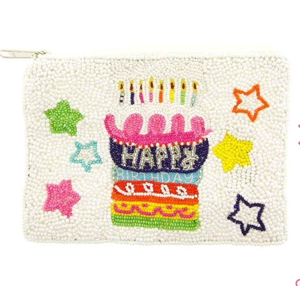 Happy Birthday Cake white multi colored seed bead coin purse