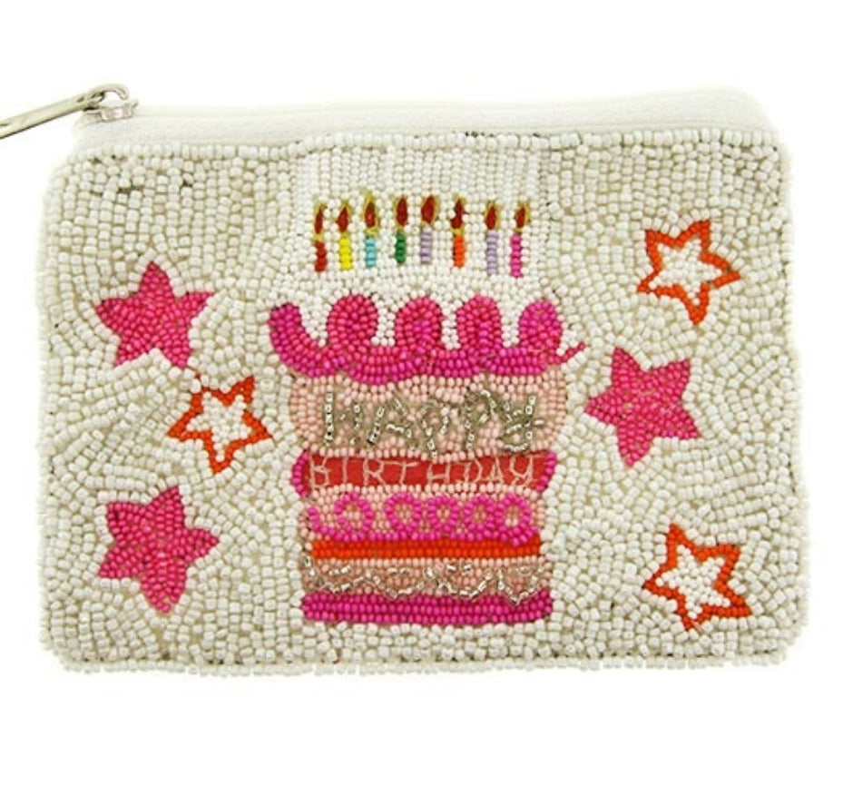 Happy Birthday Cake pink seed bead coin purse