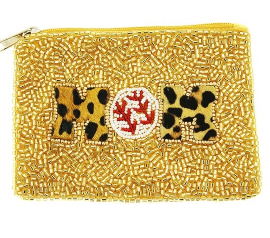 Baseball Mom Leopard Gold seed bead coin purse