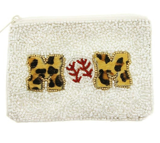 Baseball Mom Leopard White seed bead coin purse