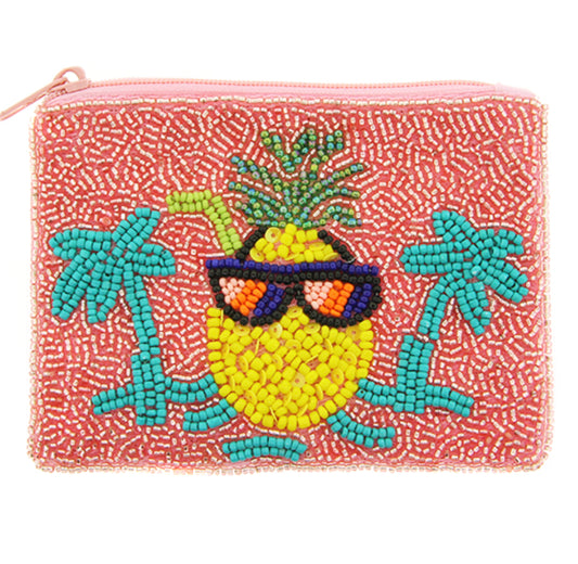 Pineapple sunglasses pink seed bead coin purse