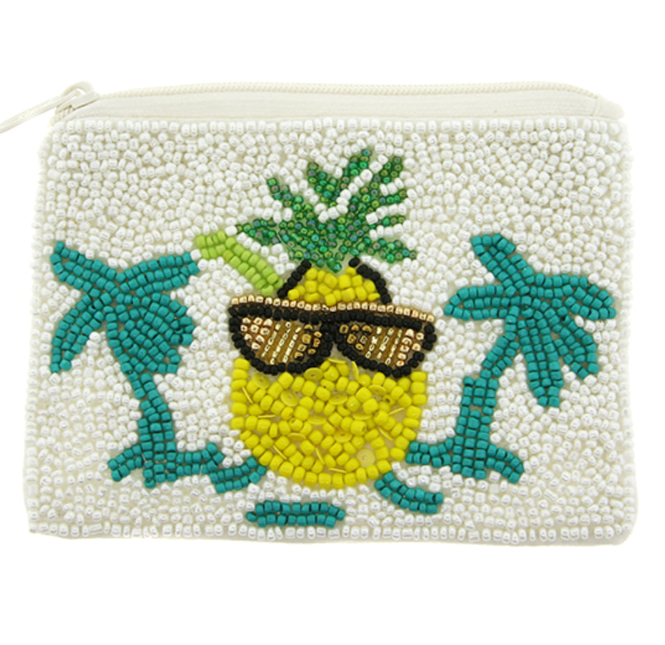 Pineapple sunglasses white seed bead coin purse