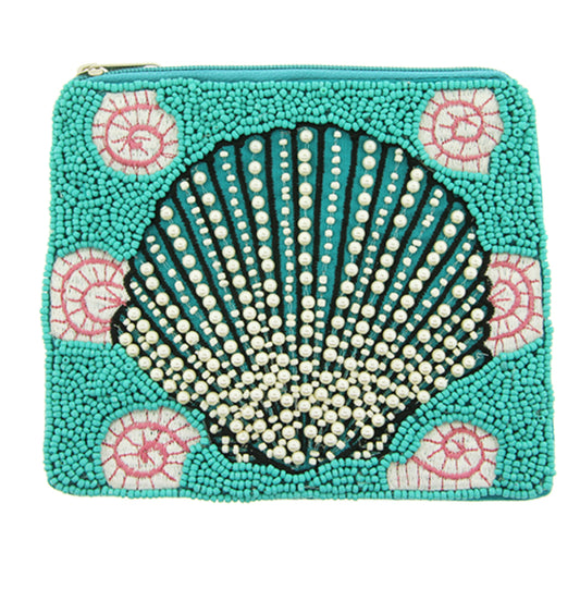 Sea Shell turquoise seed bead coin purse