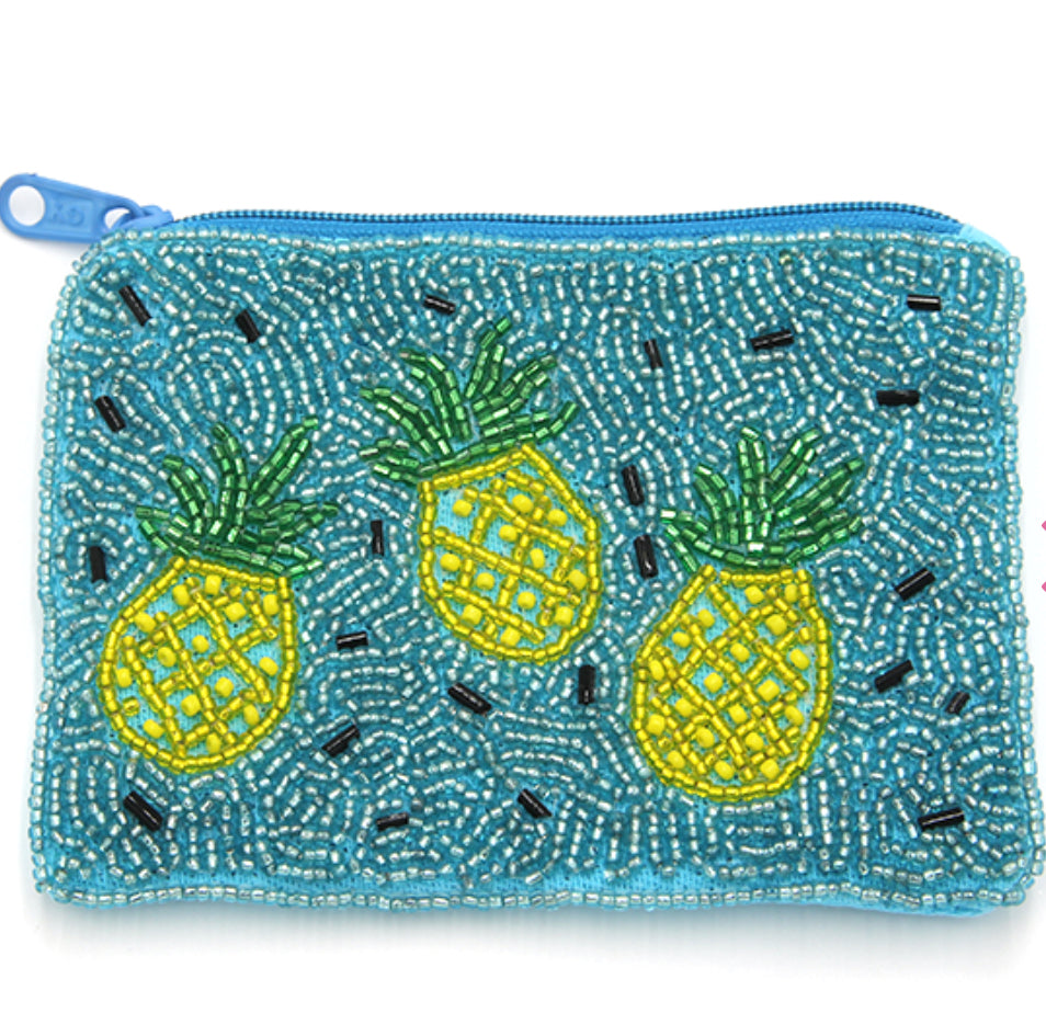 Pineapple turquoise seed bead coin purse