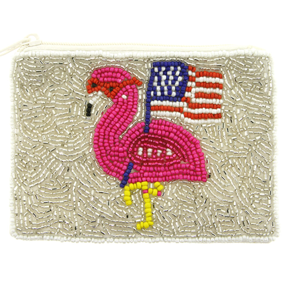 Flamingo American flag multi-colored seed bead coin purse