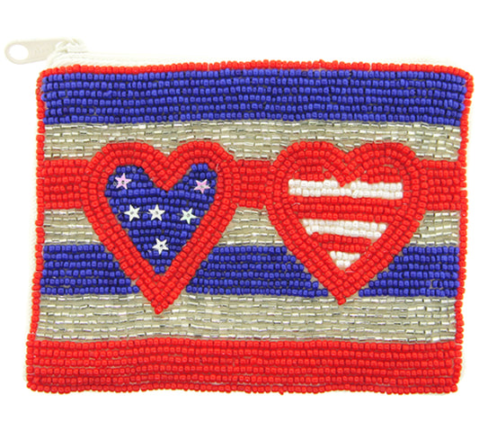 American flag heart multi-colored seed bead coin purse