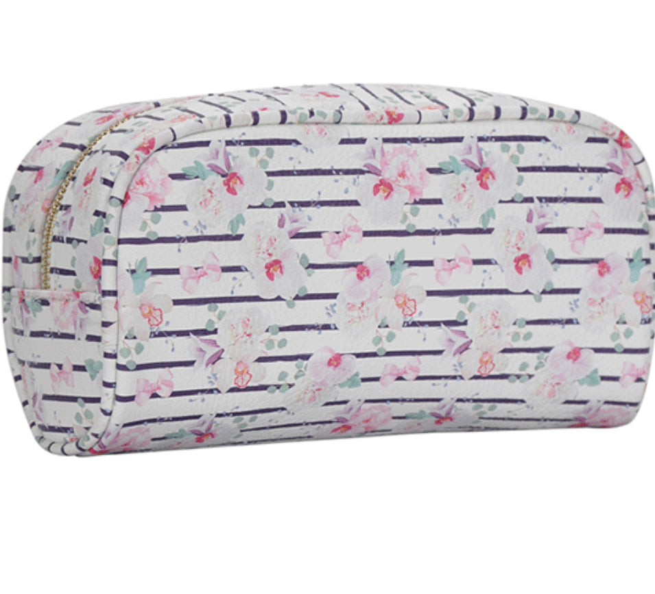 Floral stripe cosmetic makeup bag  8" W x 4.5" H x 3.25" D