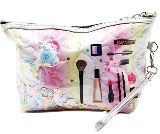 Glitter Sequin Cosmetic Logos Makeup Pouch Wristlet Pink Multi-Colored