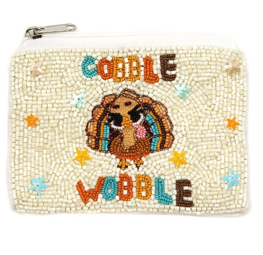 Gobble Wobble Turkey seed bead white orange coin purse