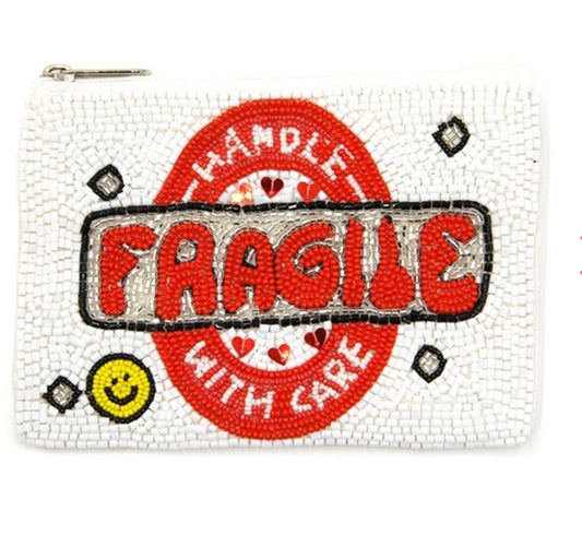 Fragile Handle With Care seed bead white red coin purse  5"x 4"