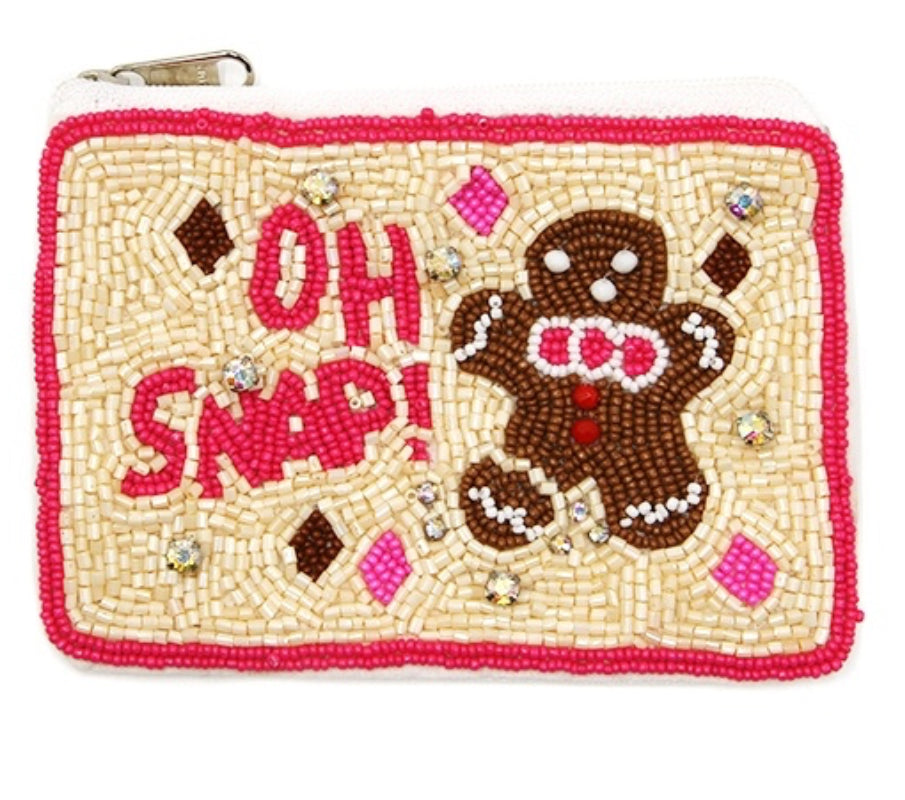 Oh Snap Ginger Bread seed bead fuchsia Christmas coin purse