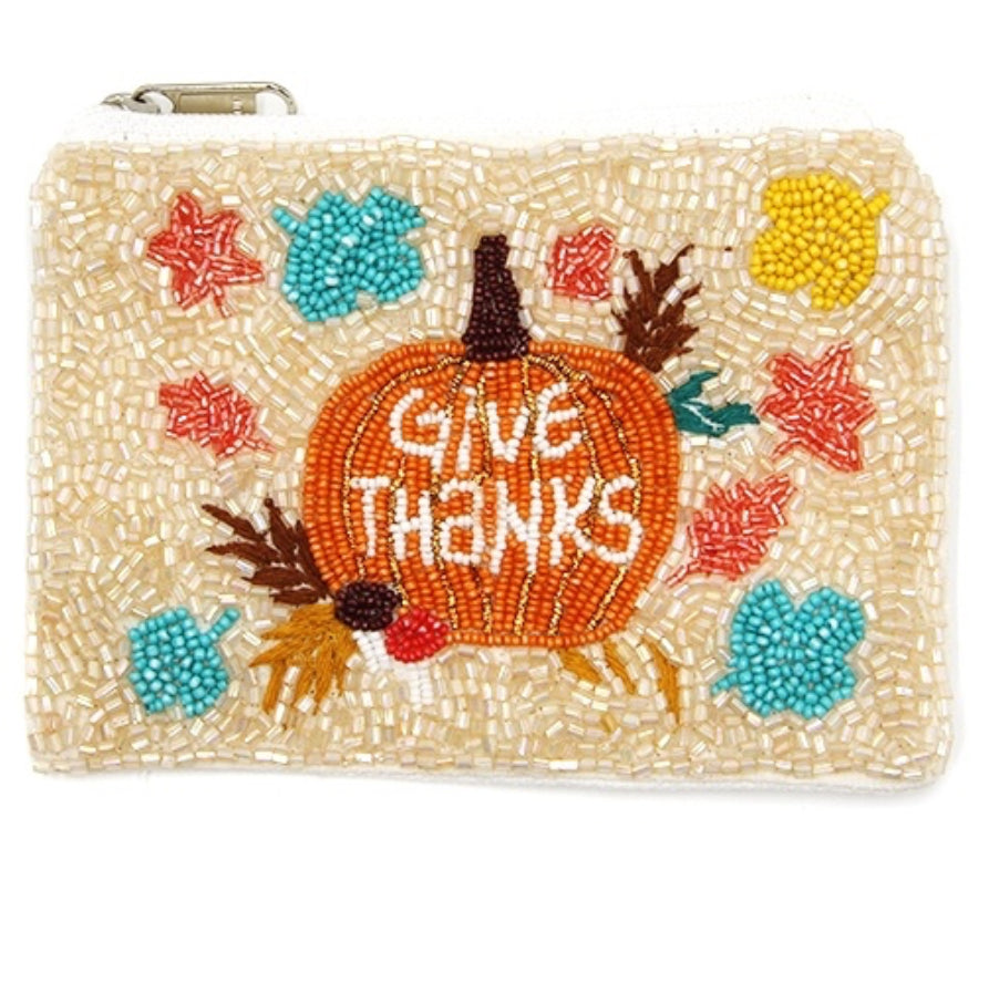 Give Thanks Pumpkin seed bead orange Halloween coin purse