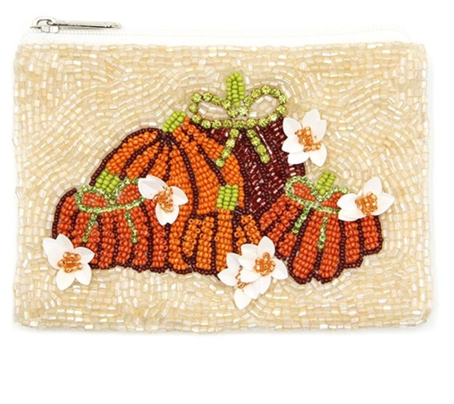 Pumpkin Patch seed bead orange Halloween coin purse  5"x 4"