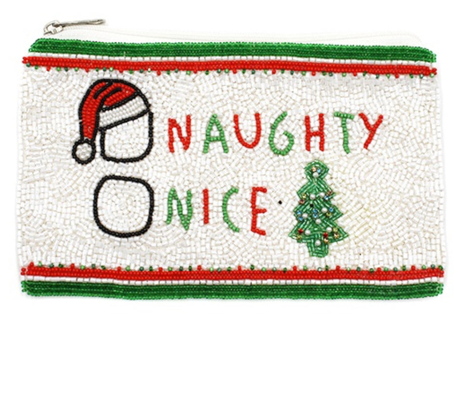 Naughty Or Nice seed bead white Christmas coin purse