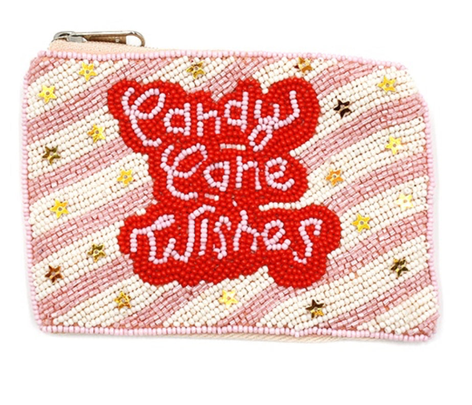 Candy Cane Wishes seed bead pink Christmas coin purse