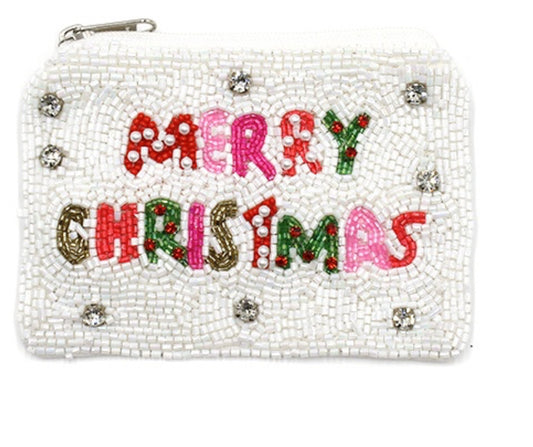 Merry Christmas seed bead multi-colored Christmas coin purse