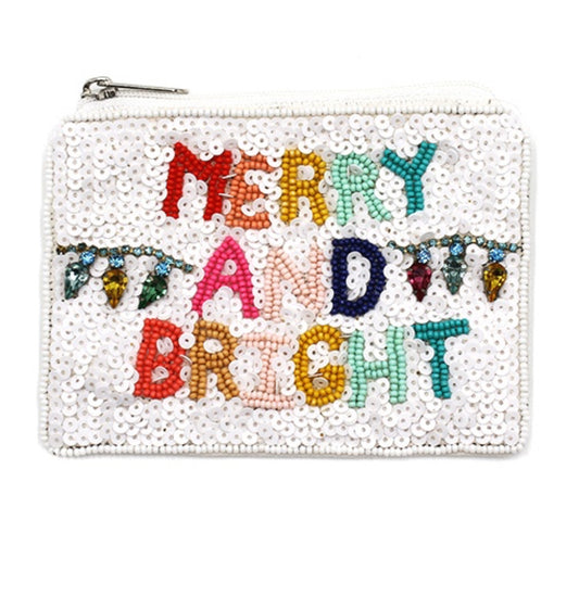 Merry And Bright seed bead multi-colored Christmas coin purse