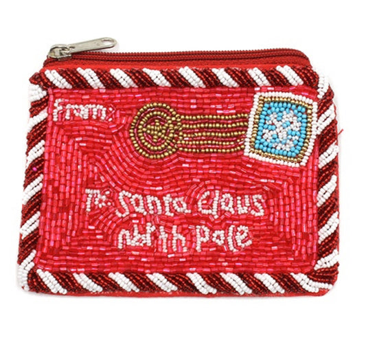 Santa Letter seed bead red Christmas coin purse  5"x 3.5"