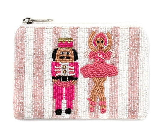 Nutcracker seed bead pink Christmas coin purse