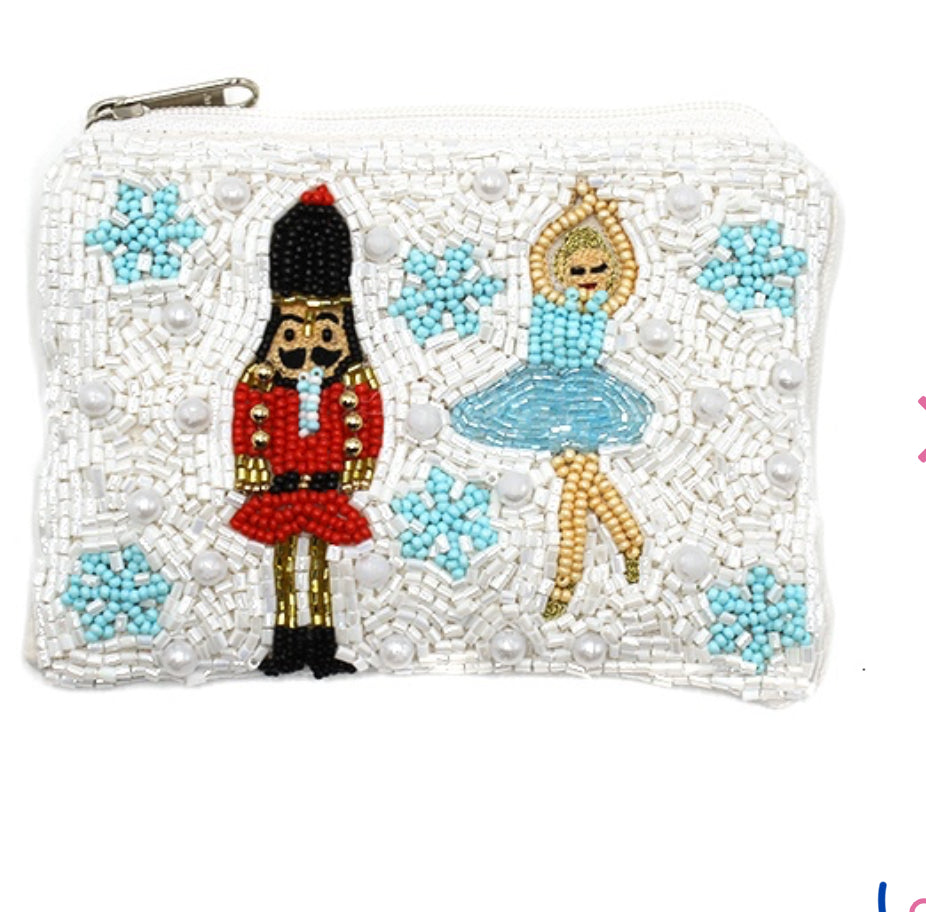 Nutcracker seed bead blue Christmas coin purse