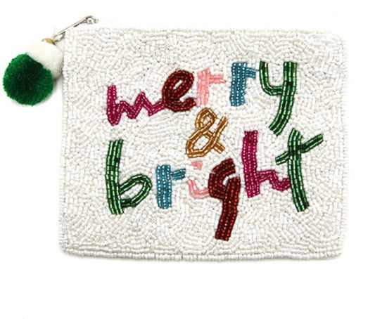 Merry & Bright white multi-colored seed bead coin purse  5.5"x 5"